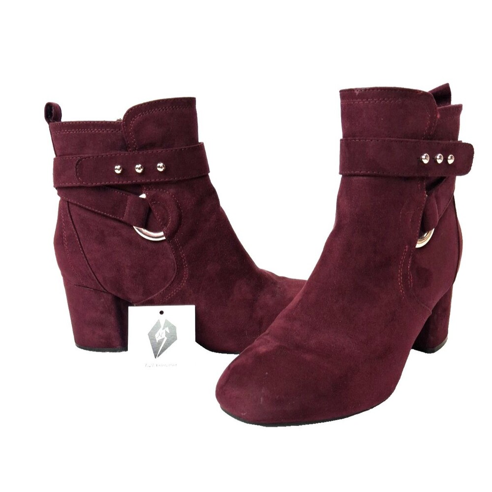 Kelly & Katie Thelma Burgundy Suede Adjustable Straps Block Heel Ankle Bootie